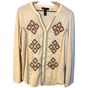 STYLE & CO Embroidered V-Neck Button Up Long Sleeve Button Tab Top Tan M.